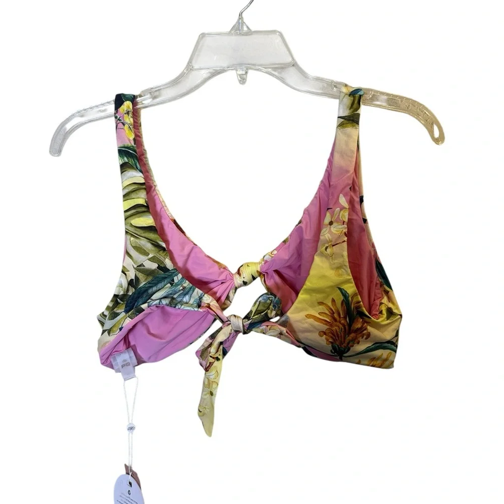 PQ Swim Women’s Pink and Floral Tie Front Reversible Bikini Top sz D